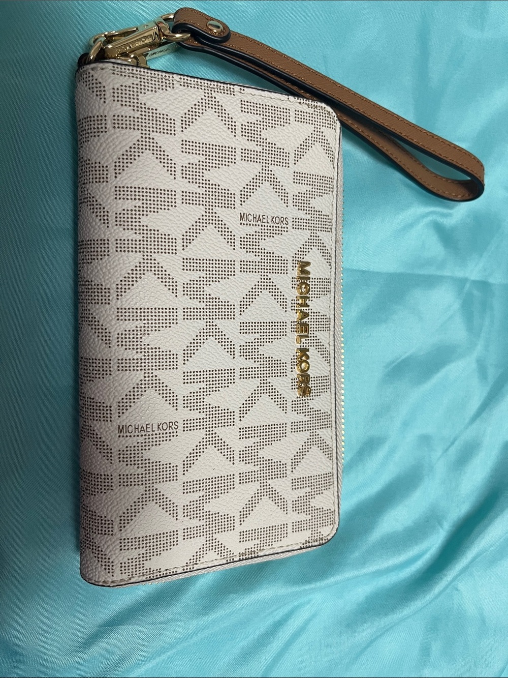 Michael Kors White and Tan Logo Wristlet Wallet